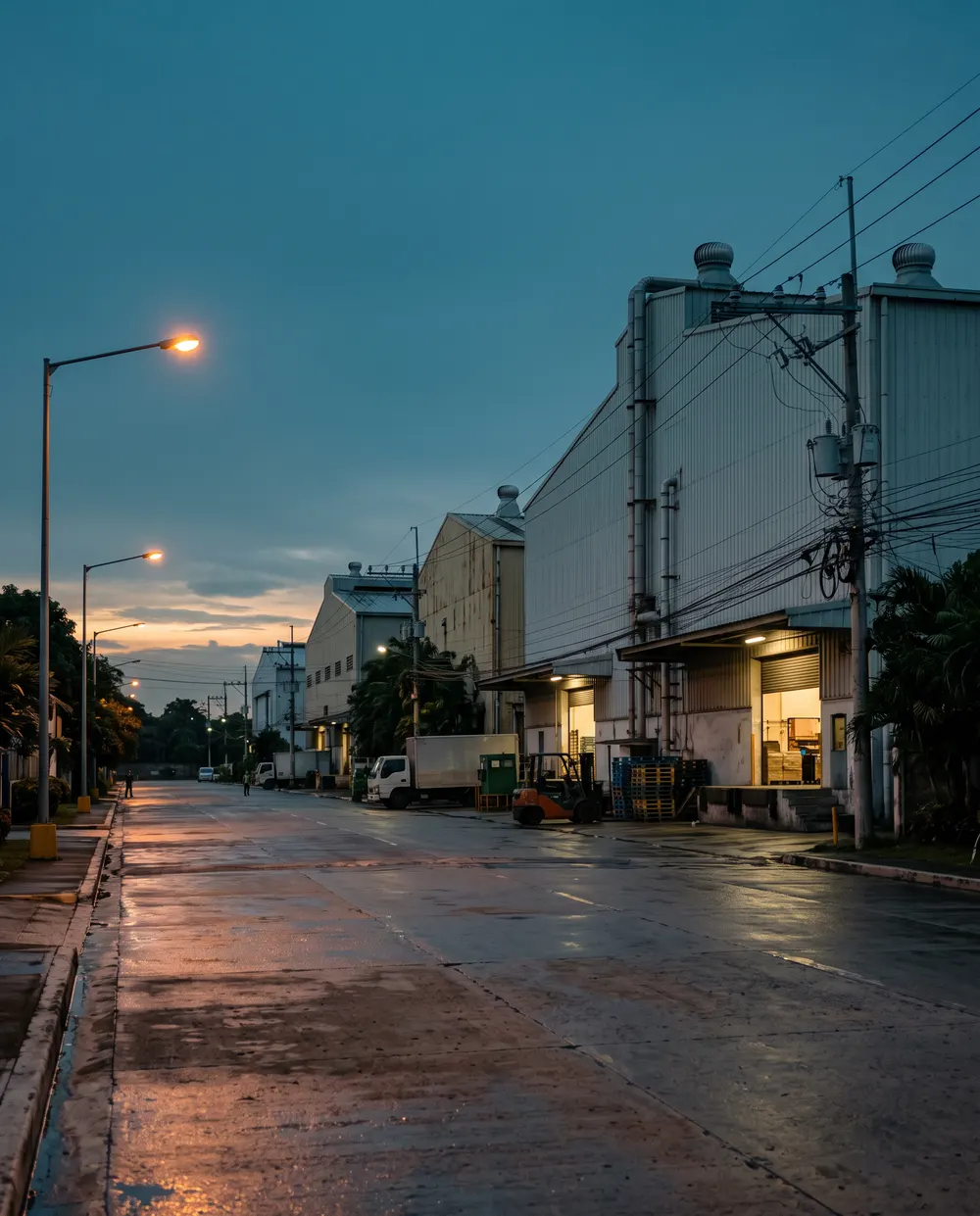 Light-industrial factory buildings with lit loading docks in an industrial estate
