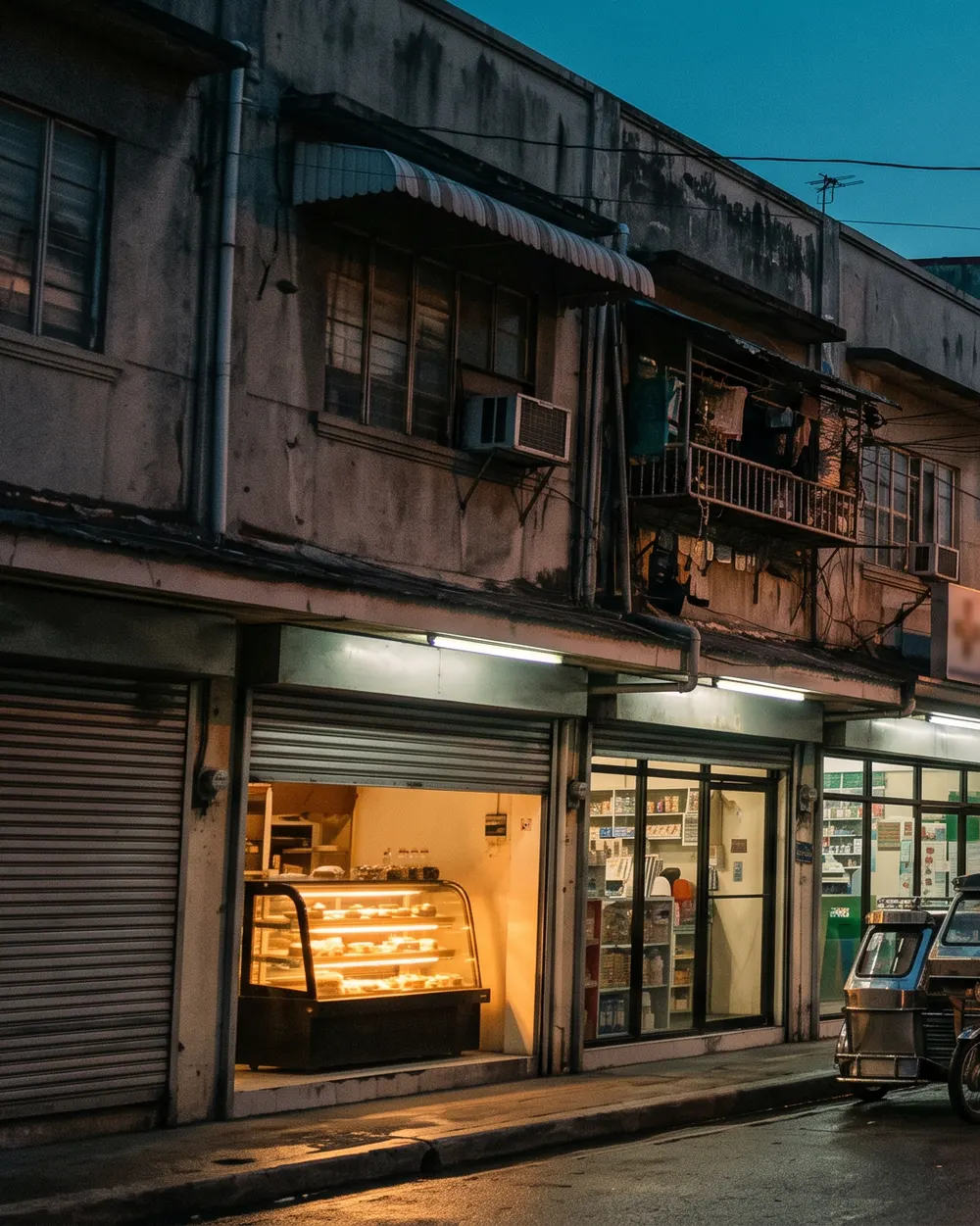 A row of lit shops on a Manila street at dusk
