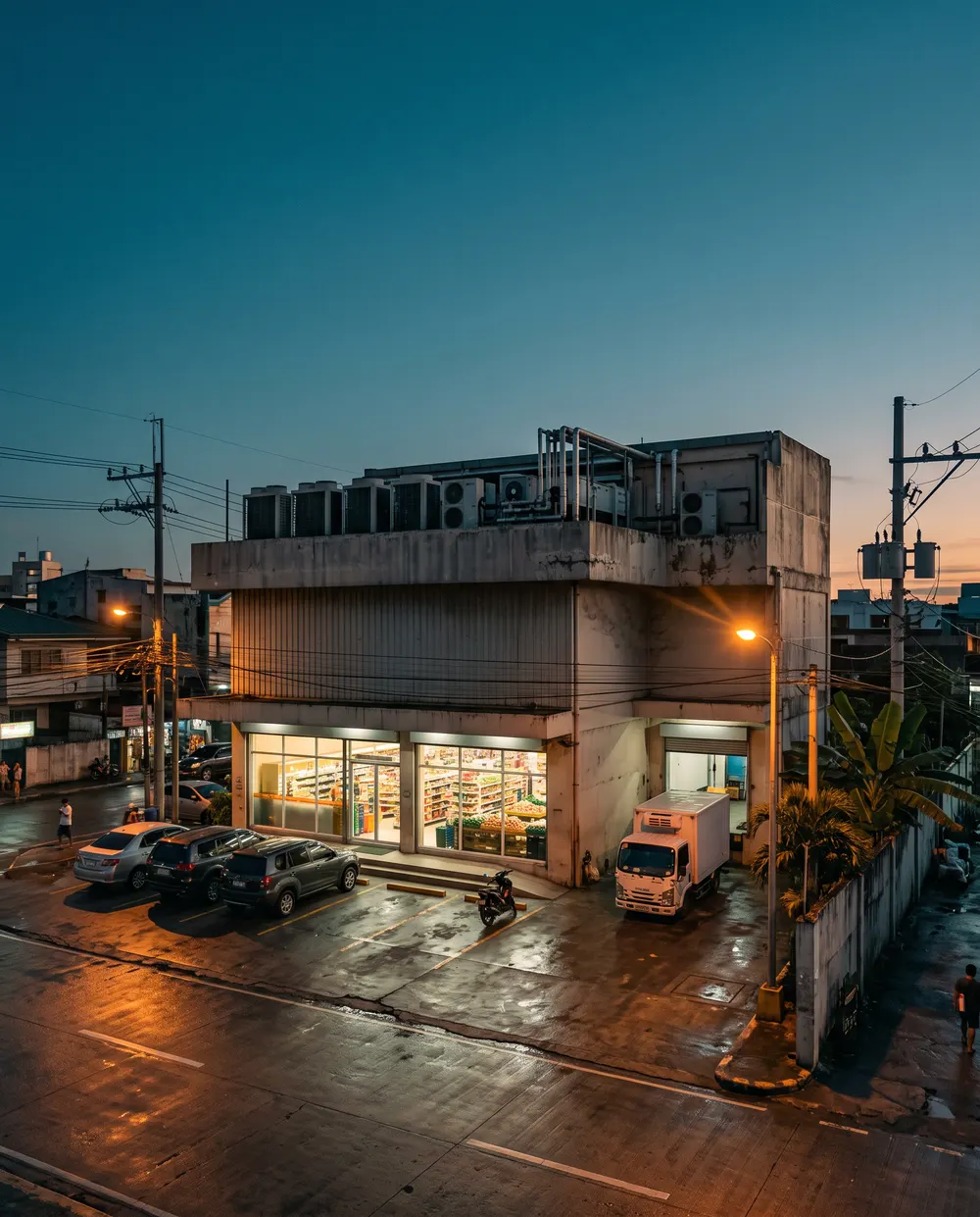 A standalone supermarket with rooftop refrigeration units at dusk